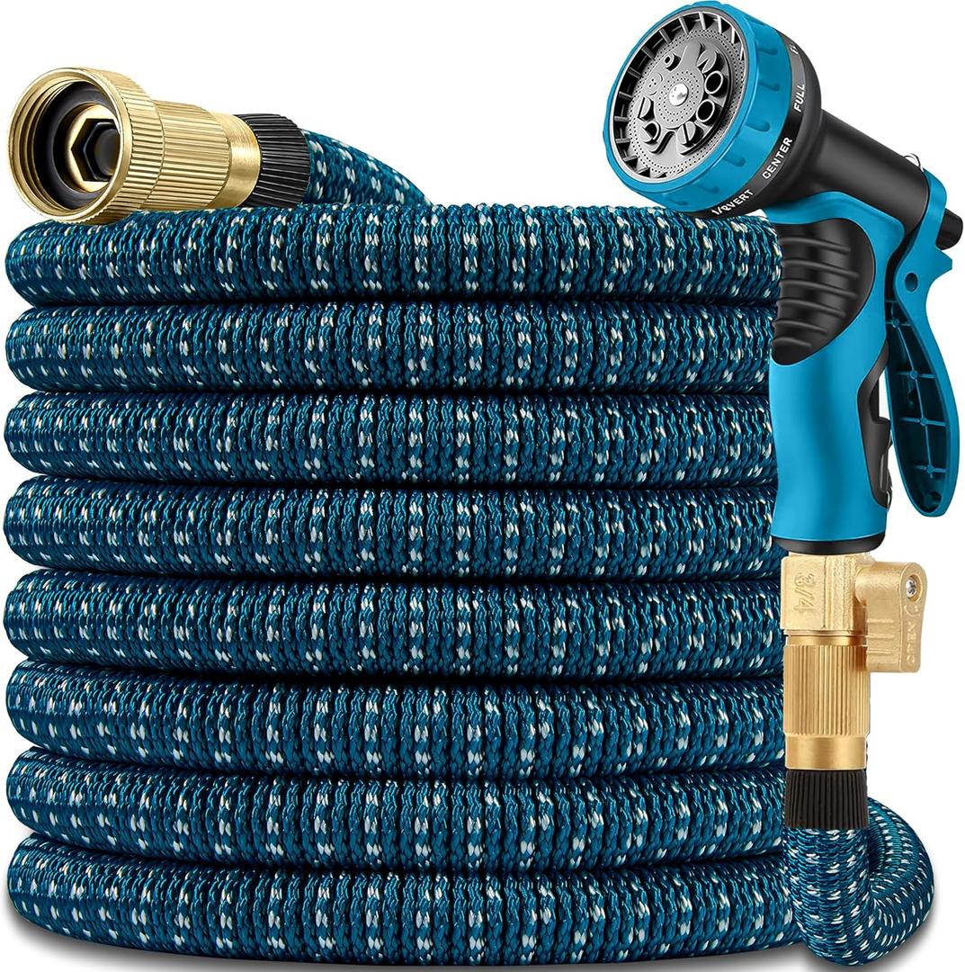 100 ft Expandable Garden Hose - Durable 3750D Fabric, 4-Layer Latex Core, Solid Brass Connectors Expanding Water hoses - 10 Spray Nozzles & Convenient Storage Bag Included