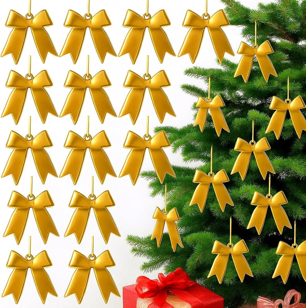 12 Pcs 2025 Christmas Metal Bow Ornaments Bulk for Christmas Tree Garland Wreath Fireplace Vintage Gold Bow Ornaments Indoor Outdoor Home Xmas Party Decorations