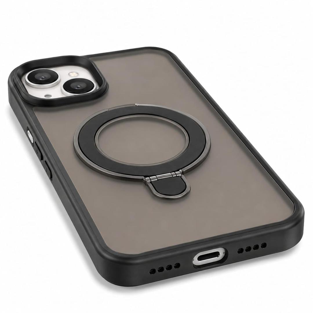 Magnetic Ring Stand Case for Apple iPhone 13 Black | Frosted Matte Translucent Back Cover | 360° Foldable Kickstand | Camera Protection | Anti-Scratch Shockproof Slim Protective Case