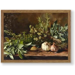 Artevio Framed Canvas Wall Art, Vintage Garlic Pictures Wall Decor, Nature Botanical Prints Paintings, Still Life Aesthetic Artwork for Kitchen Dining Room Living Room Farmhouse Decor 16x24 inch
