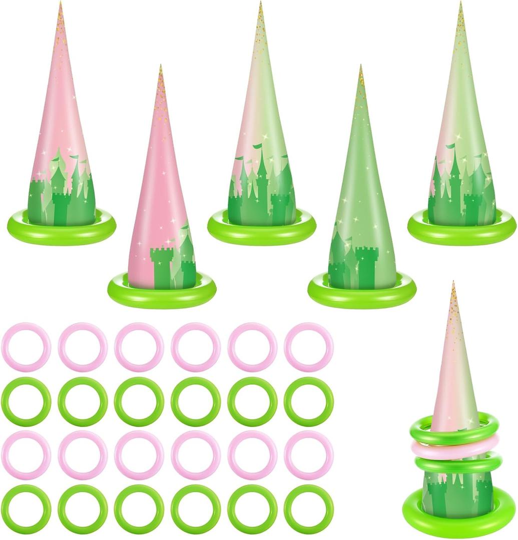 Jenaai 30 Pcs 6 Set Pink and Green Color Inflatable Hat Ring Toss Witch Party Favors Carnival Supply Include 6 Cones 24 Toss Rings for Pink and Green Themed Party Supplies Decoration