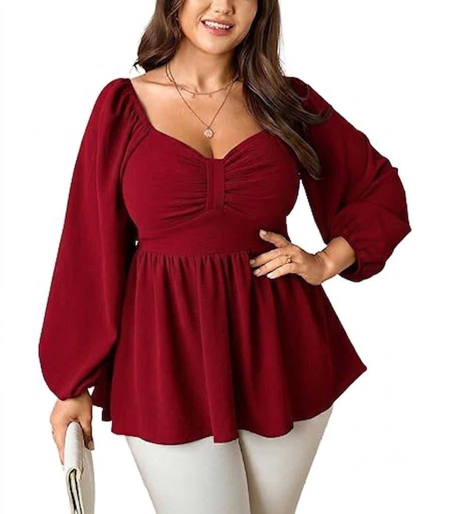 SCOMCHIC Womens Plus Size Tops Long Sleeve Blouse Ruffle Sweetheart Neckline Smocked Peplum Babydoll Top Red 1XL