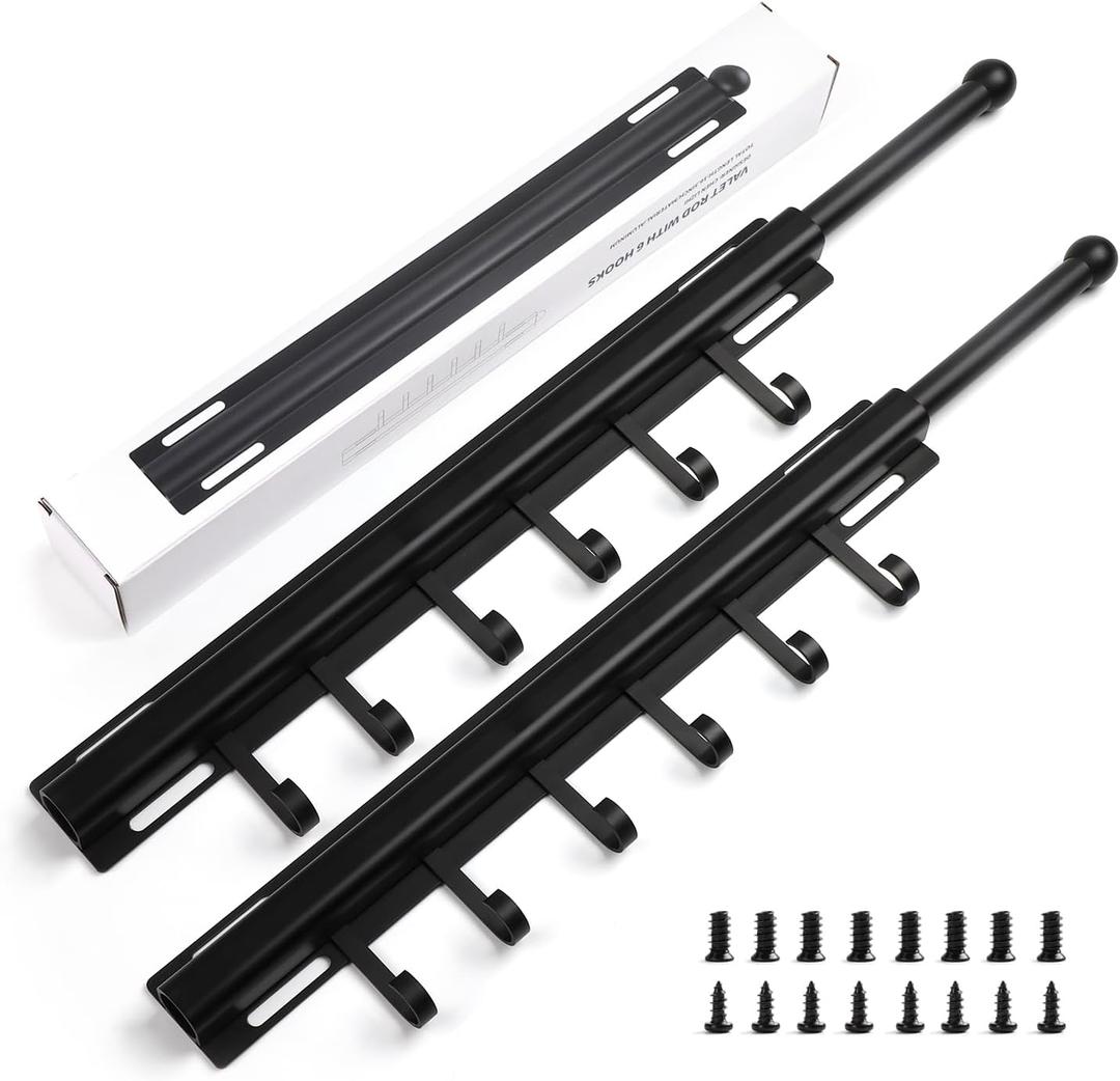 BaiNong 16.5" Valet Rod for Closet Pull Out With 6 Hooks Valet Rods for Closets (2Pack Black) Closet Valet Rod Slide Out