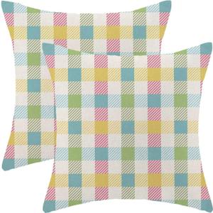 Easter Colourful Pillow Covers 18x18 Inch Set of 2, Colourful Buffalo Plaid Outdoor Decorative Throw Pillowcase Modern Family Cushion Cover for Sofa Couch Farmhouse Living Room Bed Decor