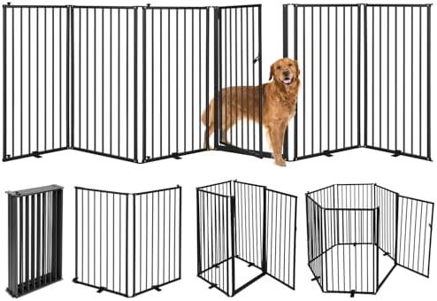 6 Panels Metal Freestanding Dog Gates with Door,120''W Detachable Foldable Dog Fence Indoor Outdoor Puppy Gate, 32''H Free Standing Tall Pet Gate for Doorways,House,Stairs,Porch,Deck,Yard