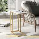 Yusong C Shaped End Table, Couch Side Table That Slide Under Sofa Bed, Small Table for Small Spaces, Skinny Overbed Table for Coffee Drink Snack, Living Room, Gold and White Marbled Wooden Top, Length 18.2