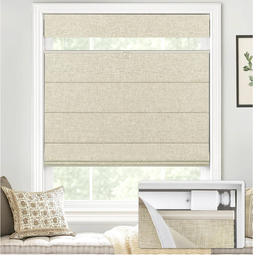 LazBlinds No Drill TDBU Roman Shades, Blackout - Beige, 35" W x 64" H