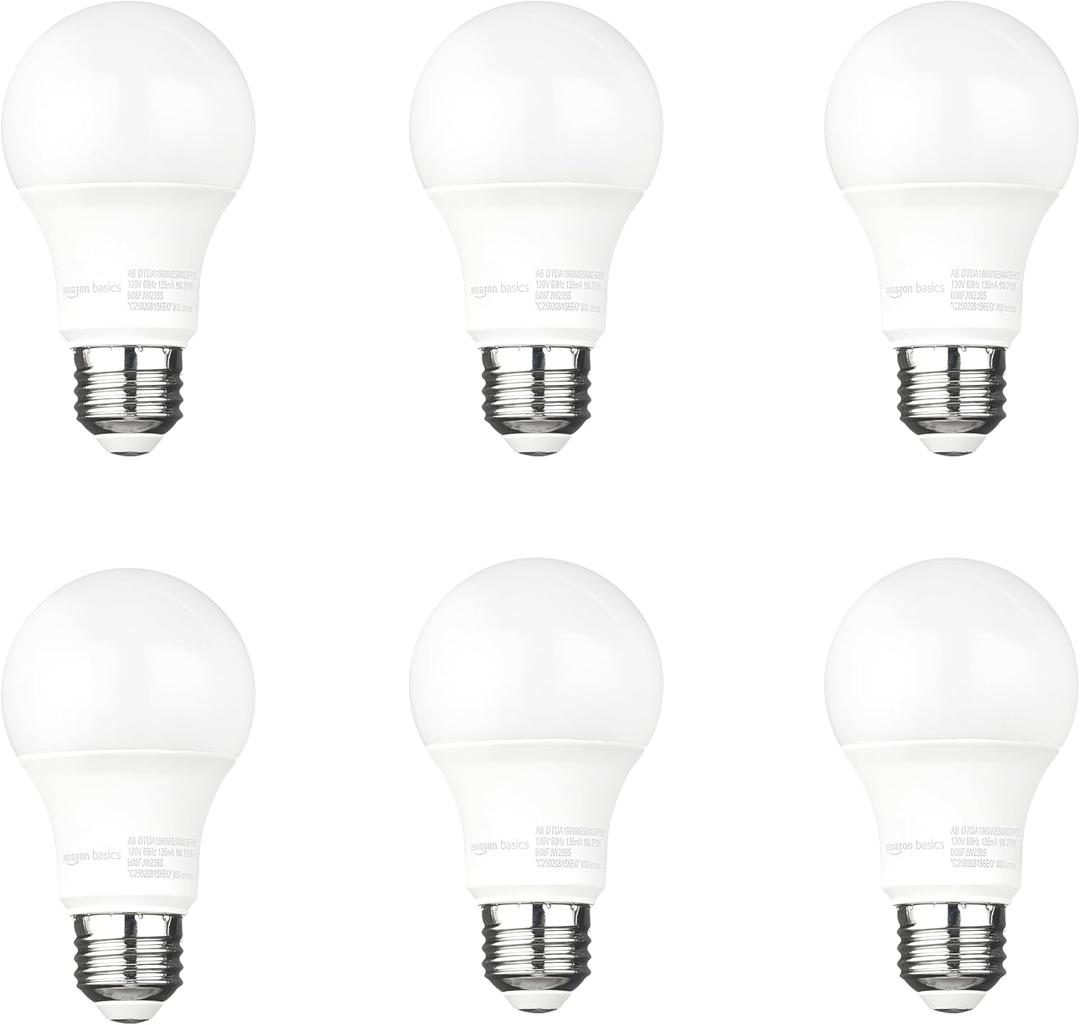 Amazon Basics A19 Dusk to Dawn Sensor LED Outdoor Light Bulb, 60W Equivalent, Energy-Efficient 9W, Soft White 2700K, E26 Base, 10,000 Hours, 6-Count