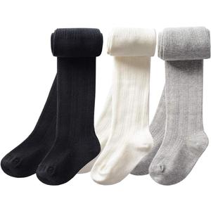 CHUNG Toddlers Little Girls Cotton Tights Footed Thick for Winter Cable Knitted School Leggings Stockings Bottom, 3pk-BlackWhiteGray, 5-6Y