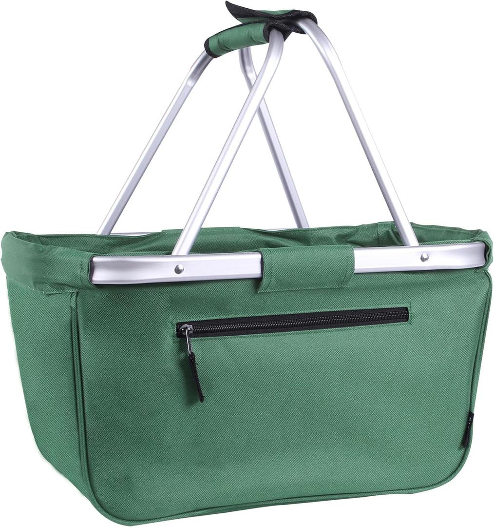 Picnic Basket, SIYUAN 24L Collapsible Market Basket with Two Handles Portable Canvas Grocery Basket Reusable Christmas Shopping Bag (Green)