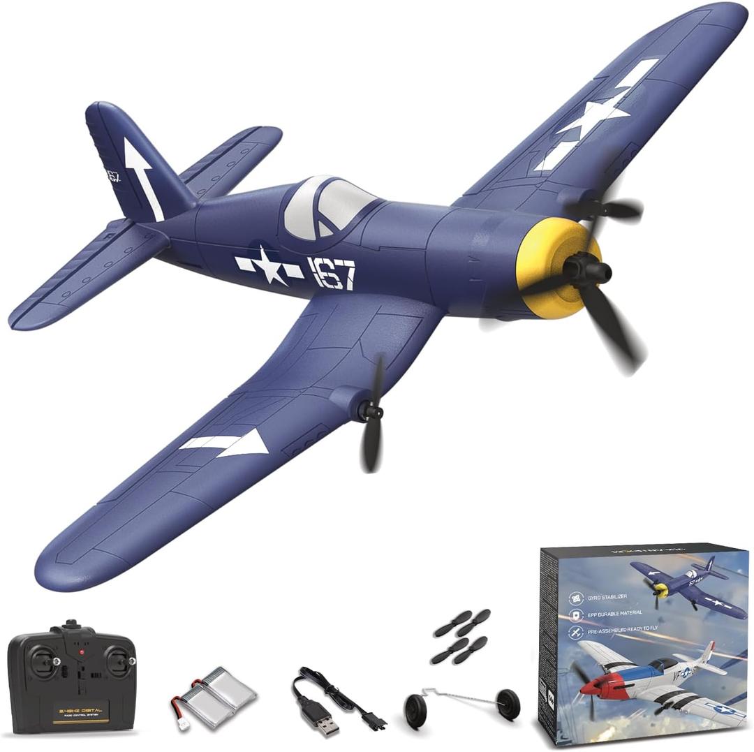 RC Plane, F4U Remote Control Airplane with 2 Batteries, 2.4GHz 3 Channel Fighter with 6 Axis Gyro Stabilizer, Easy to Fly for Adults, Beginners
