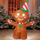 4FT Christmas Inflatables Decorations, Blow Up Brown Bear with Santa Hat and Holding Candy Cane with Built-in LEDs for Indoor Outdoor Yard Lawn Garden Decor