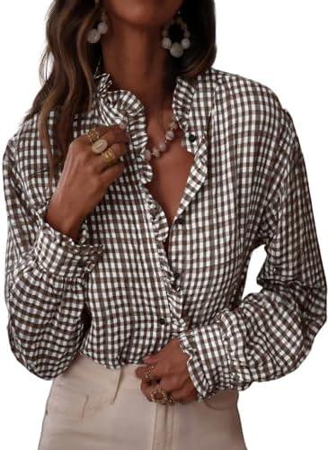 Astylish Women's Plaid Ruffle V Neck Button Down Blouse Casual Long Sleeve Gingham Trendy Tops Work Checkered Shirt, S
