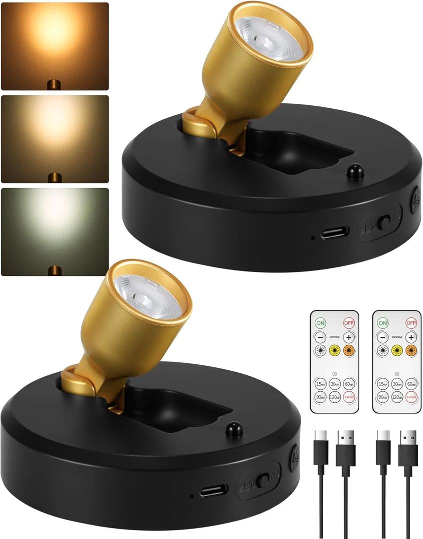 EZVALO Spotlight Indoor, Rechargeable Battery Picture Lights, Wireless Up Lights Indoor with Remote, Dimmable, 3 Color Temps, Timer, Accent Lighting for Plant, Tree, Art, Displays (2-Pack) (Black-Gold)