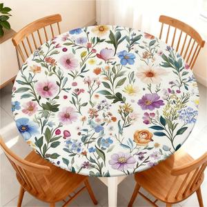 Round Fitted Tablecloth with Elastic Edge for Up to 37"-44" Round Table, Waterproof Tablecover for Camping, Indoor, Outdoor, Holiday, Summer, Wildflower