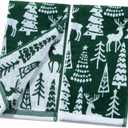 Shemilly 2pcs Christmas Hand Towels Green Elk Christmas Tree Jacquard Hand Towel for Bath 100% Cotton Thick Soft Bathroom Kitchen Decorative Set for Xmas Winter Holiday Decor Gift,16 x 27 Inch