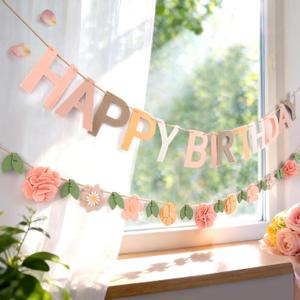Felt Happy Birthday Banner, with Handmade Felt Flower Garland, Flower Party Decorations, Pre-Strung Birthday Decorations for Girls Women Mom, Floral Birthday Party Decor