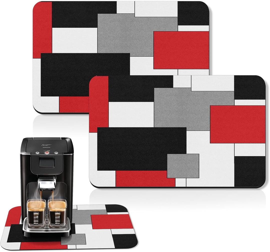 Arttown Coffee Mat for Countertops, Red Black White Grey Modern Dish Drying Mat 2 Pcs for Kitchen Bar Accessories, Fit Under Coffee Maker Espresso Machine Dish Rack Hide Stain Rubber 12x19in