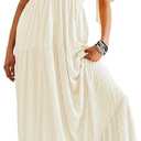 Kikibell Women Summer Dresses Sexy V-Neck Maxi Dress Tiered Silhouette with Flutter Sleeve Backless Elastic Waist Flowy Dress (Beige, XS)