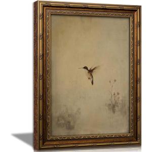 Vintage Gold Framed Hummingbird Wall Art, Antique Flying Bird Oil Painting Canvas Print, Rural Nature Cottagecore Wall Decor, Rustic Farmhouse Picture Poster Artwork for Living Room Bedroom Bathroom, 24"L x 16"W