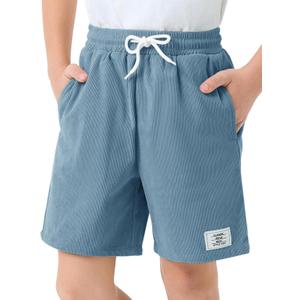 Haloumoning Boys Corduroy Shorts Kids Casual Elastic Waist Drawstring Summer Shorts with Pockets 5-14 Years (11-12 Years, Blue)