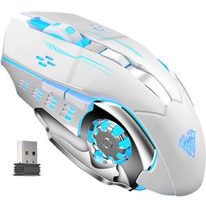 AULA SC100 Silent White Wireless Mouse Rechargeable, RGB LED Backlit, DPI Adjustable, 2.4G Wireless Optical Computer Gaming Mice with USB Receiver, Punk Cool Mouse for Office/Games