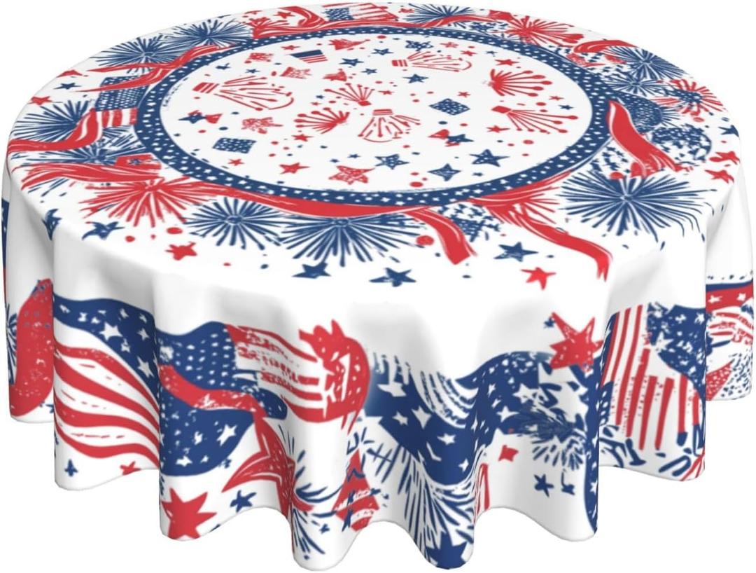 4th of July Fireworks Tablecloth Patriotic Round Table Cloth Washable Table Cover for Home Kitchen Party Picnic 60 Inch