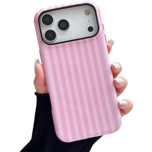 Compatible with iPhone 17 Pro Max Case, Cute Fashion Aesthetic Striped Phone Case for Women, Shockproof Soft TPU and Hard PC Protective Phone Cover for iPhone 17 Pro Max 6.9"- Pink