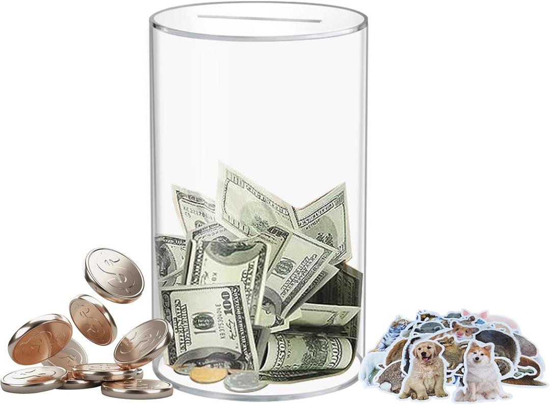 Clear and Unopenable Piggy Bank, Transparent Money Box for Cash Savings, Must-Break-to-Open Acrylic Coin Bank Change Jar for Real Money, Birthday Gifts for Kids & Adults (Cylindricity, Small)