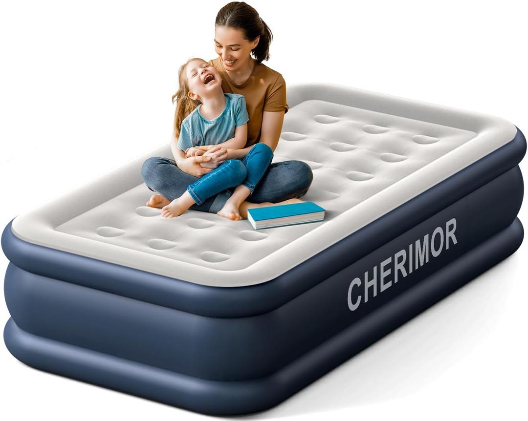 CHERIMOR Twin Air Mattress with Built in Pump, 18 Raised Thick Inflatable Bed, 440lb Comfort Support, Inflatable Blow Up Mattress with Carry Bag for Camping, Fast SelfInflating Air Bed for Guest&Home