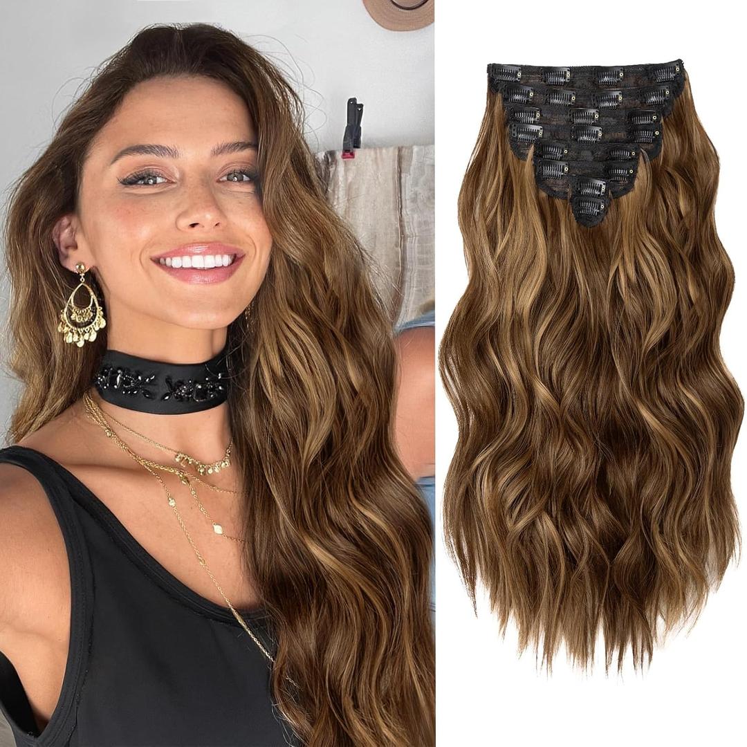 Clip in Hair Extensions for Women, 20 Inch Light Brown Hair Extensions Mix Blonde, 8PCS Curly Seamless Clip Ins Wavy, Synthetic Lace Weft Hairpieces for Daily Party Use