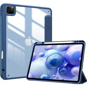 ProCase Case for iPad Pro 11 Inch 2022/2021/2020/2018 (4/3/2/1 Generation) with Pen Holder, Shockproof Smart Case Cover, Transparent Back Cover, Protective Case, Navy
