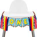 VitalCozy Birthday High Chair Banner Garland cartoon Decorations birthday Party Highchair Banner With Ribbon Fabric for Gender Neutral Highchair Decor(Cartoon,Muticolor)
