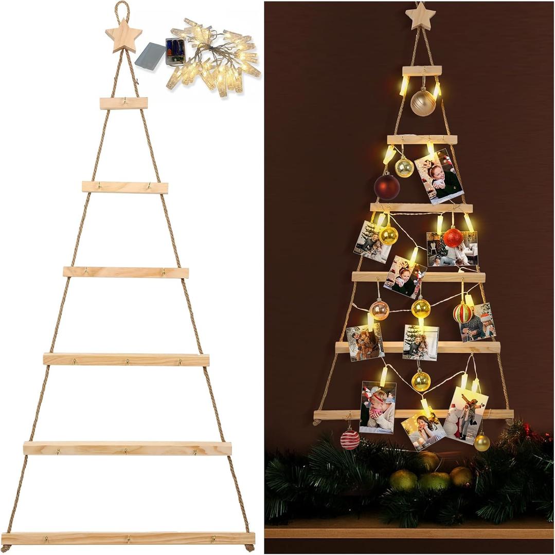 Large Wall Hanging Christmas Tree Display with String Light 49x24'' Wooden Lighted Christmas Tree Card Holder with 20 Clip and 14 Hook DIY Xmas Photo Display Rack for Holiday Wall Window Home Decor
