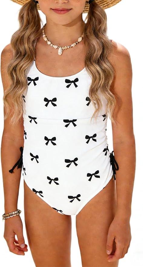 Luckydora Girl's Cherry Print Swimsuit One Piece Ruched Side Drawstring Summer Beach Bathing Suit 11Y
