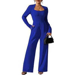 Pink Queen Jumpsuits for Women Dressy Scoop Neck Long Sleeve Wide Leg Romper One Piece Trendy Outfits (Small, Dark Blue)