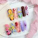 Flower Press on Nails Handmade Long Coffin Muti-Layer Gel Fake Nails Gradient Floral 3D Waterdrop Pattern Design Spring Summer Multicolor Thick False Nails French Tip Acrylic Nails for Women (Size M)
