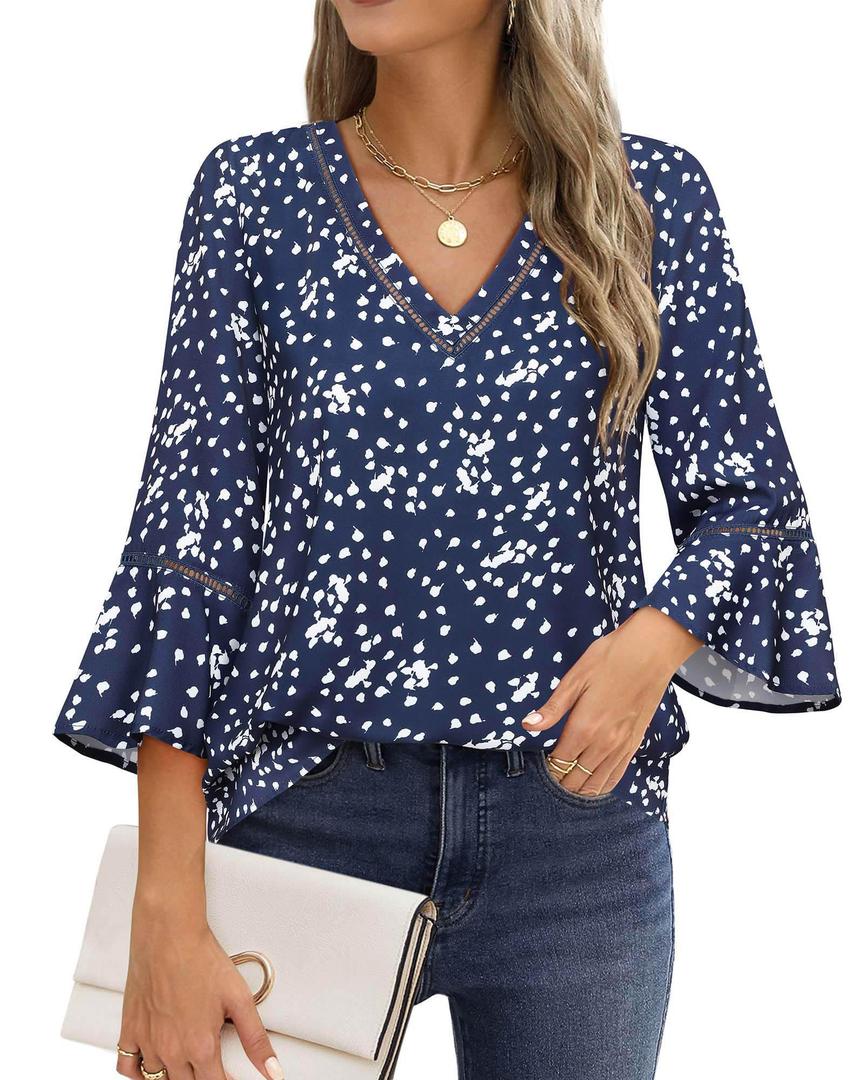 Timeson Womens Tops and Blouses: Office Wear - Blouses for Women Business Casual - Work Shirts for Women 3/4 Bell Sleeve No Iron Chiffon Ladies Tops Professional Attire Silk Interview Formal Clothes (XL)