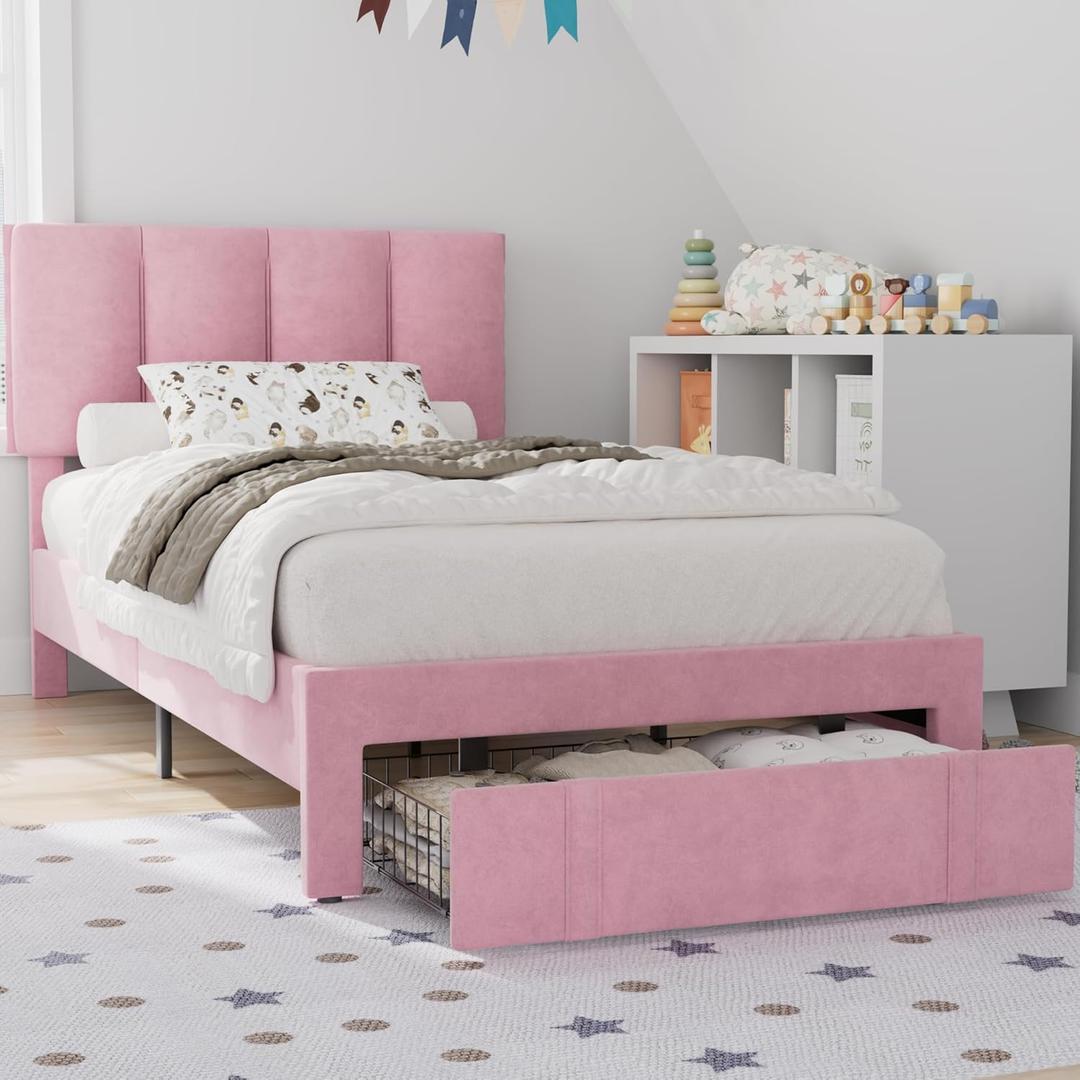 VECELO Twin Size Bed Frame with Storage Drawer, Heavy-Duty Platform Bedframe with Headboard & Strong Wooden Slats Support, No Box Spring Needed, Pink