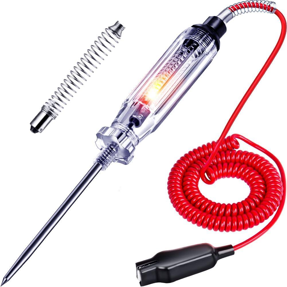 Heavy Duty Automotive Circuit Tester, Premium 6-24V Test Light with Extended Spring Test Leads & Sharp Piercing Probe, Circuit Voltage Tester with Replacement Indicator Light for Car/Vehicles (1-Pack)