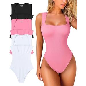 OQQ Women's 3 Piece Bodysuits Sexy Ribbed Strappy Square Neck Sleeveless Tummy Control Tank Tops Bodysuits (Large)