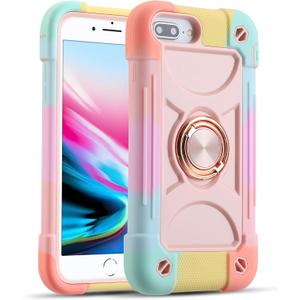 MARKILL Case for iPhone 6 Plus/8 Plus, 5.5 Inch with Ring Stand, Heavy-Duty Military Grade Shockproof Phone Cover (Rainbow Pink)
