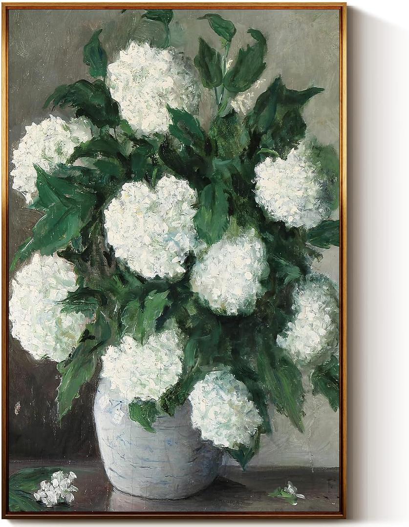 InSimSea Golden Framed Vintage Canvas Wall Art Still Life With White Hydrangeas In A Caramic Vase Painting 24x36in, Flowers Floral Botanical Print LivingRoom Art Home Wall Decor Bedroom Bathroom