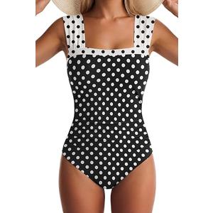 One Piece Swimsuit for Women Tummy Control Bathing Suits Full Coverage Wide Straps Swim Suit Color Block Swimwear, Large