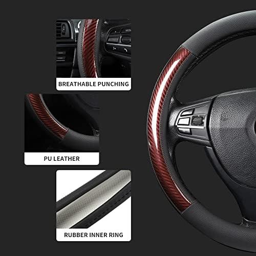 Microfiber Leather 15" Universal Fit Car Steering Wheel Cover, Elastic Breathable and Odorless, Black with Red Accent (Medium (14.5" - 15"))