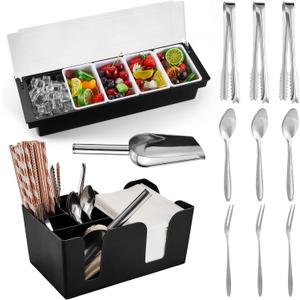 Tessco for you Garnish Tray with Lid Bar Caddy Ice Cooled Condiment Serving Container with Ice Scoop Metal Mini Serving Tongs Fruit Fork Spoons for Food Home Party Kitchen(Plastic,5 Grids)