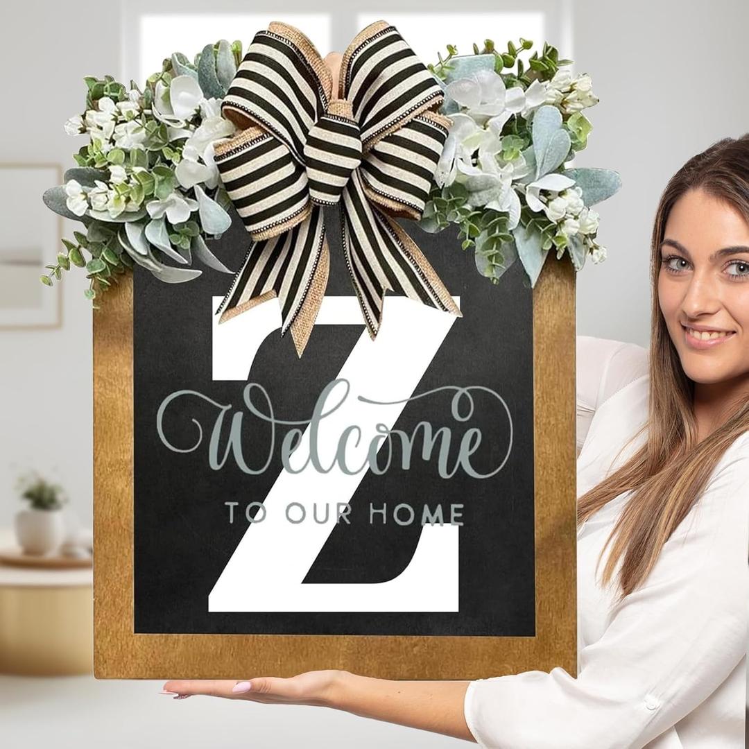 Last Name Welcome Sign for Front Door-14"x12", Wreaths for Front Door, 26 Letter Front Porch Decor Wreaths, Welcome Sign with Eucalyptus Garland and Bow, Wooden Farmhouse Wall Decor, Housewarming Gifts (Z)