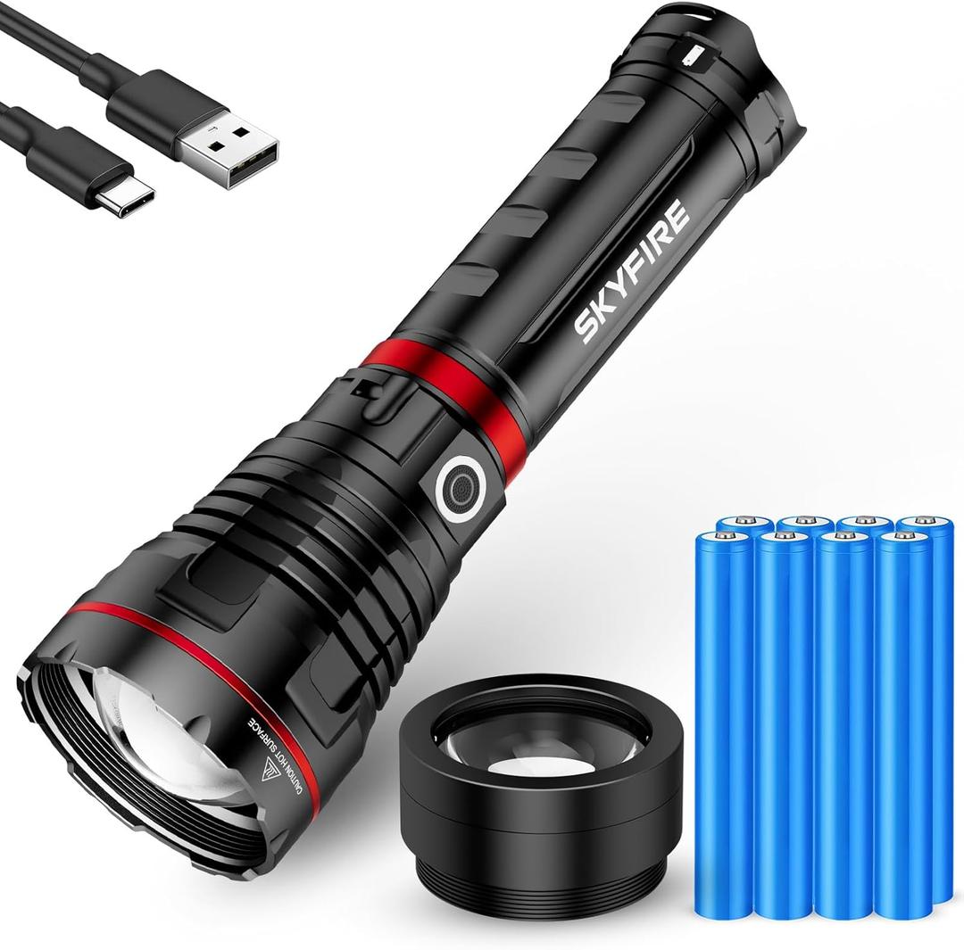 SKYFIRE Rechargeable Flashlights High Lumens 40000mAh with Ignition Lens,Super Bright Flashlight with Shoulder Straps,11Mode Led Tactical Flash Light for Outdoor Essentials&Home Emergencies-Upgraded