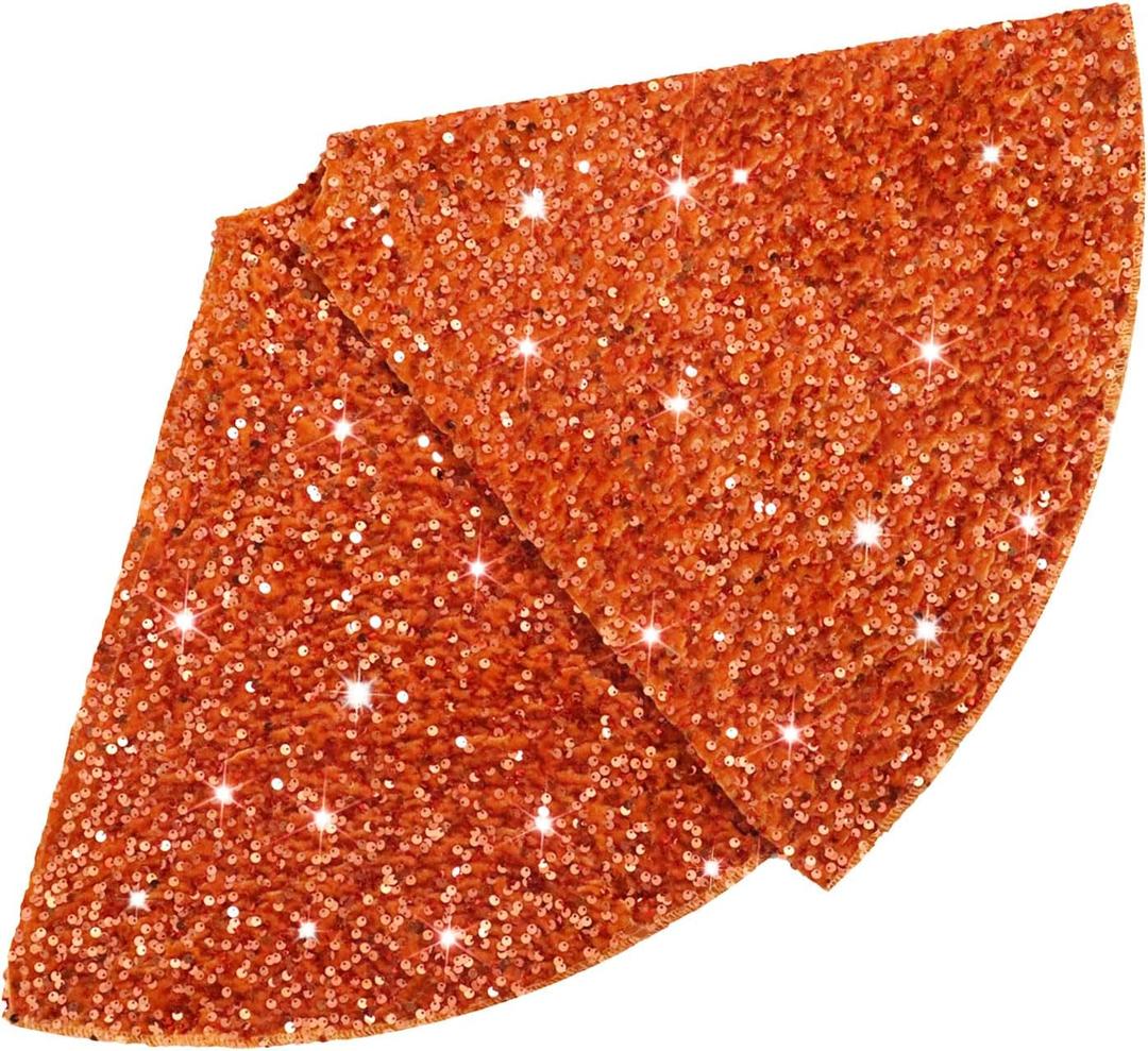 Christmas Tree Skirt Fall Orange Tree Skirt 36 Inch Sequin Xmas Tree Skirts Velvet Fabric Sparkle Round Tree Cover Base Halloween Tree Skirts Indoor Home Decor Outdoor Tree Mat for Holiday Ornaments