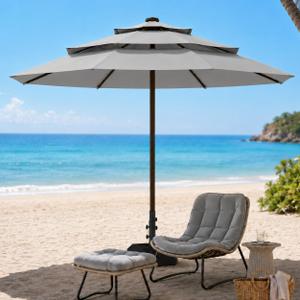 10ft Patio Umbrella, 3-Tier Vented Outdoor Table Umbrella with 8 Sturdy Fiberglass Ribs, Windproof Market Umbrella with Push Button Tilt and Crank, UV Protection for Deck, Pool, Light Gray